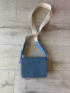 Shinola Blue Leather Messenger with Beige Canvas Strap